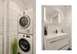 Det er tilrettelagt for vaskesøyle på badet, som er plassert i egen, skjermet nisje. Over baderomsinnredningen er det speil med integrert belysning.