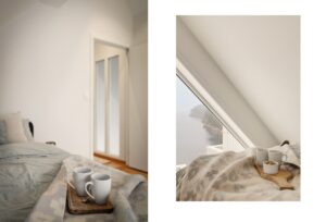 Det må være greit å våkne opp på dette soverommet. Starte dagen med en kopp kaffe og følge med på båttrafikken som glir forbi.