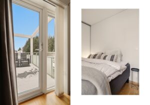 Fra hovedsoverommet har du direkte utgang til en privat veranda – et herlig sted å starte dagen med frokost og en kopp kaffe.