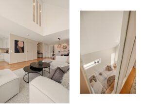 Eier har oppført en ny vegg med tre glassfelt, som gir et lyst og moderne uttrykk mellom stue og rommene oppe.