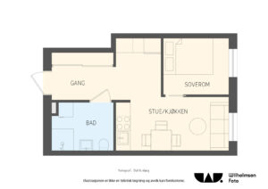 2.etasje | Entré/gang (5,4 m²), bad (4,8 m²), soverom (5,2 m²), stue/kjøkken (16,8 m²). Ekstern bod medfølger. 