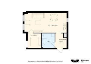 Entré/gang (4,7 m²), bad (6,1 m²), soverom (6,1 m²) og stue/kjøkken (25,9
m²). Ekstern bod på 2.3 m² kommer i tillegg.