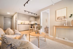 Myk overgang fra stue til kjøkkendelen. 