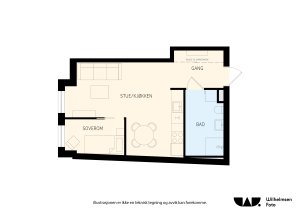 Entré/gang (4,9 m²), bad (6,3 m²), soverom (4,8 m²), stue/kjøkken (20,6 m²). Ekstern bod på 2,4 m² følger også med. 
