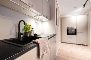 Stekeovn av nyere årgang. I tillegg er det platetopp m/induksjon, oppvaskmaskin og kjøleskap/frys fra 2026.