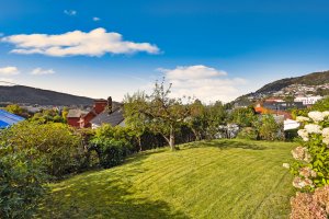 Skjermet og velstelt hage med gode solforhold og flere hyggelige uteplasser.