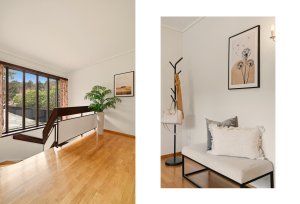 Fra hallen er det trappesats ned til underetasjen og dør til trapperom for tilkomst til loftsetasjen