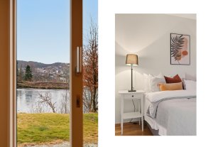 Fra hovedsoverommet er det utgang til skjermet hage på nedsiden av huset med enkel tilkomst ned til vannet for en morgendukkert... 