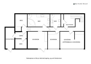 Planskisse for underetasjen | Etasjen er 105 m² og har egen inngang fra hagen samt interntrapp fra hovedetasjen