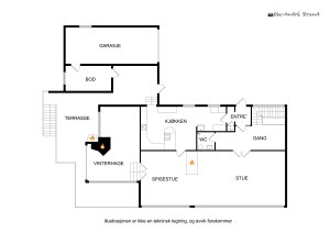 Planskisse for hovedetasjen | Etasjen har et areal på 123 m² + garasje på 20 m² og bod på 7 m²