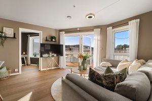 Moderne stue med gjennomgående god romfølelse