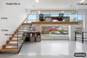 Bildet viser en tenkt løsning med etablering av messanin, der man får ytterligere plass (ca. 20 m²) og en effektiv utnyttelse.