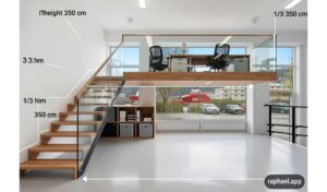 Bildet viser en tenkt løsning med etablering av mesanin, der man får ytterligere plass (ca. 20 m²) og en effektiv utnyttelse.