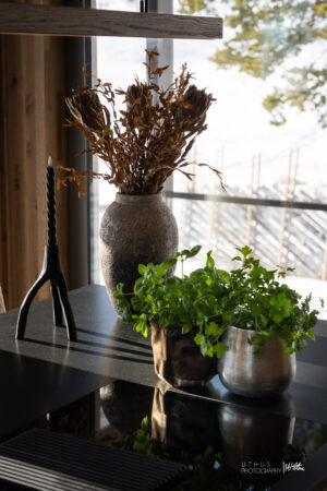 Fjellmøbler AS har levert benkeplate på kjøkken av naturstein og samtlige hvitevarer er fra Miele. Det er lagt vekk på robuste materialvalg.