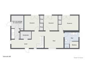 Praktisk og funksjonell 1.etasje med tre soverom, bad med badstue. Alle soverommene og badet har egen dør. 