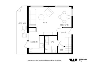 1.plan: Entré (6,0 m²), stue (18,4 m²), bad (3,5 m²) og kjøkken (5,4 m²)