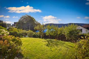 Deler av hagen er inndelt slik at husets to boenheter har hver sine private soner