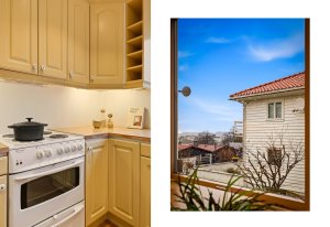 Bardiskløsning ved enden av innredningen som gir spiseplass ved kjøkkenvinduet