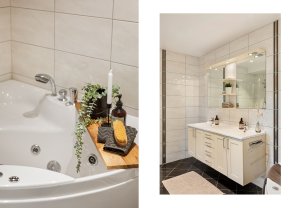 BADEROM U. ETASJE | Begge baderommene har innredning med dobbel vask og godt med skapplass