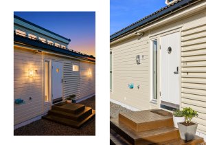 Husets hovedinngang | Dør med kodelås | Utvendig el. uttak og vannuttak samt fin belysning