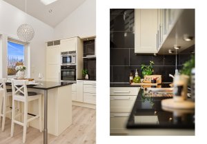 Fliselagte vegger mellom benkeplate og overskap | Benkeplaten er utført i granitt