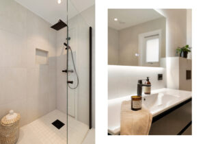 Dusjsone med glassvegger og flislagte overflater.