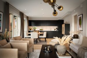 Her er det god plass til stor sittegruppe i tillegg til spisebord ved overgangen mellom stue og kjøkkensone 