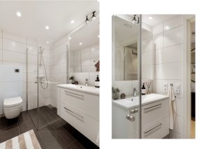 Begge baderommene har innfellbare dusjvegger og fin innredning med heldekkende servant og godt med skap/- og skuffeplass 