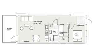 2.etasje: Stue/kjøkken, 1 soverom, bod inntil
soverom, 1 innredet rom, bad/wc og entré/gang. Det er også en ekstern bod. 