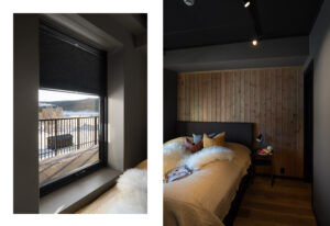 Solskjerming på soverom og i stue er tilpasset vinduene (medfølger).