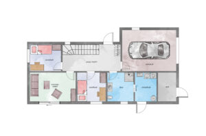 Husets 1. etasje har et areal på 87 m² inkl. innebygget garasje på 21 m² og ekstern bod på 5 m² 