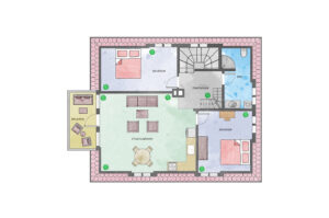 Hovedetasjen har et areal på 75 m² og utgang til altan på 6 m² | I tillegg er det inngangsparti i 1. etasjen med et areal på 9 m²