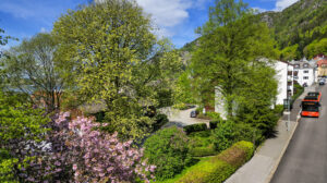 Eiendommen fremstår som velholdt, med en gjennomtenkt kombinasjon av grønne omgivelser, pent opparbeidede gangstier, blomsterbed og variert beplantning