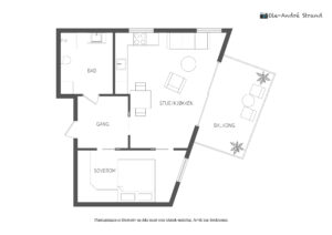Leilighetens areal er 45 m² + altan på 10 m² samt to eksterne boder på hhv. 3.4 m² og 5.0 m²