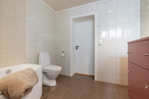 Det er opplegg og plass til vaskemaskin og tørketrommel på badet